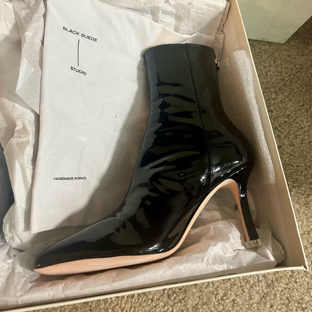 Black Suede Studio | Laura Boot In Black Patent Leather, Size 38.5it/8.5us